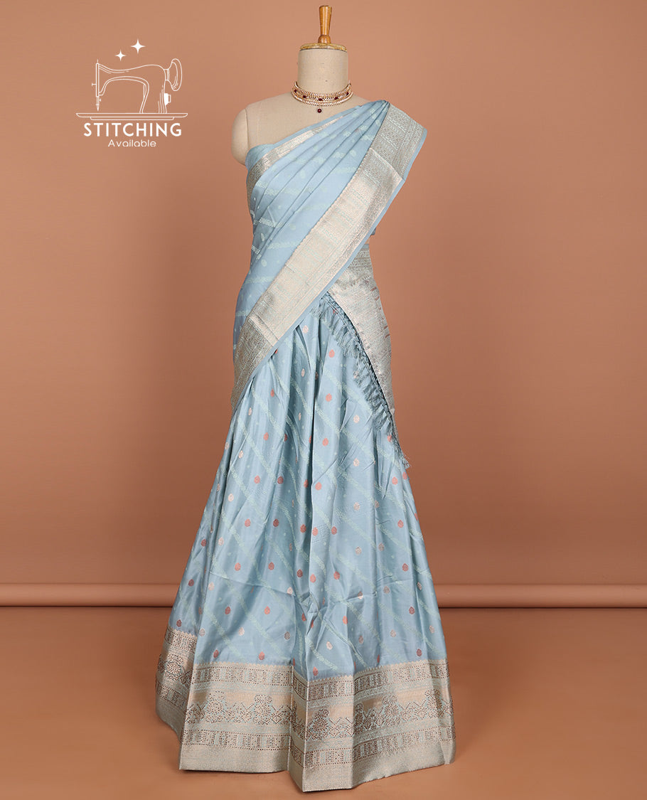 Blue striped banaras half saree with contrast traditional zari border, argyle pattern blouse & striped zari dhavani
