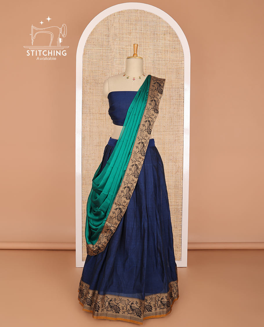 Dark blue cotton half saree with contrast peacock motifs border, peacock design blouse & peacock design border dhavani