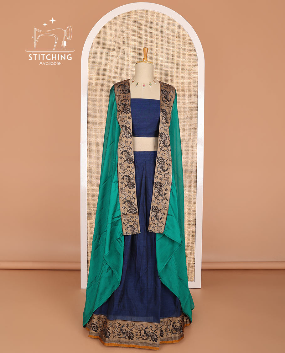 Dark blue cotton half saree with contrast peacock motifs border, peacock design blouse & peacock design border dhavani