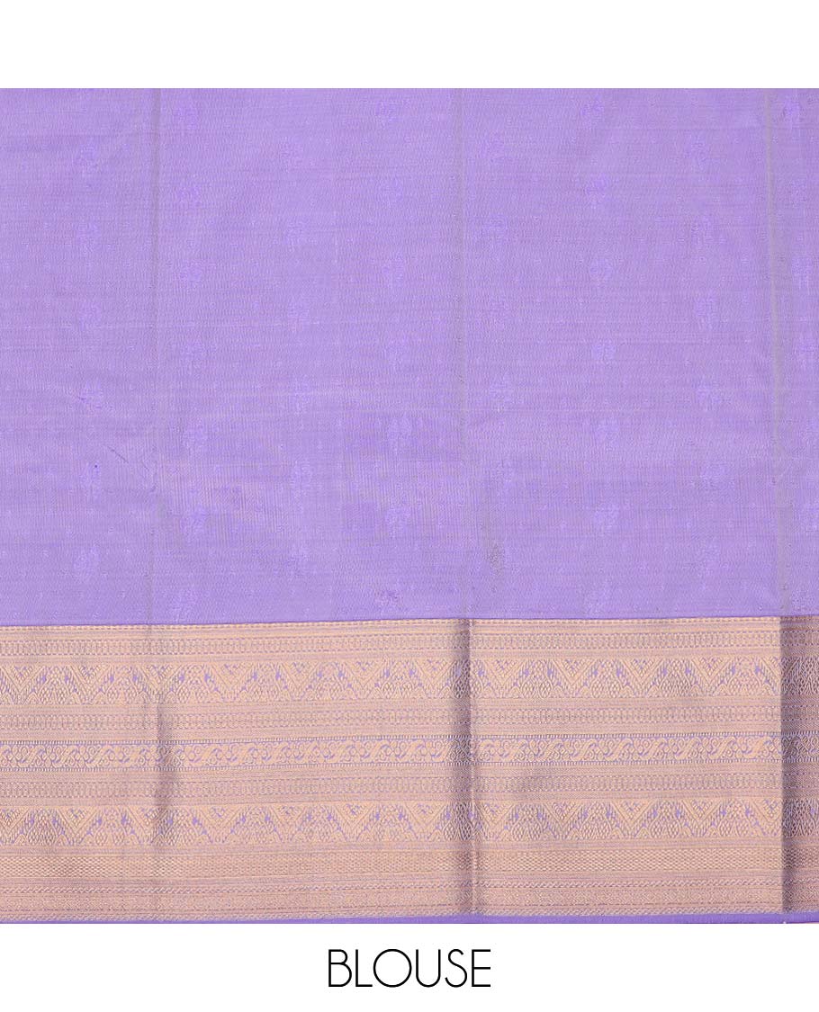 Cream art silk pavadai material, zari buttas with contrast traditional zari bordered skirt, and a contrast bordered blouse