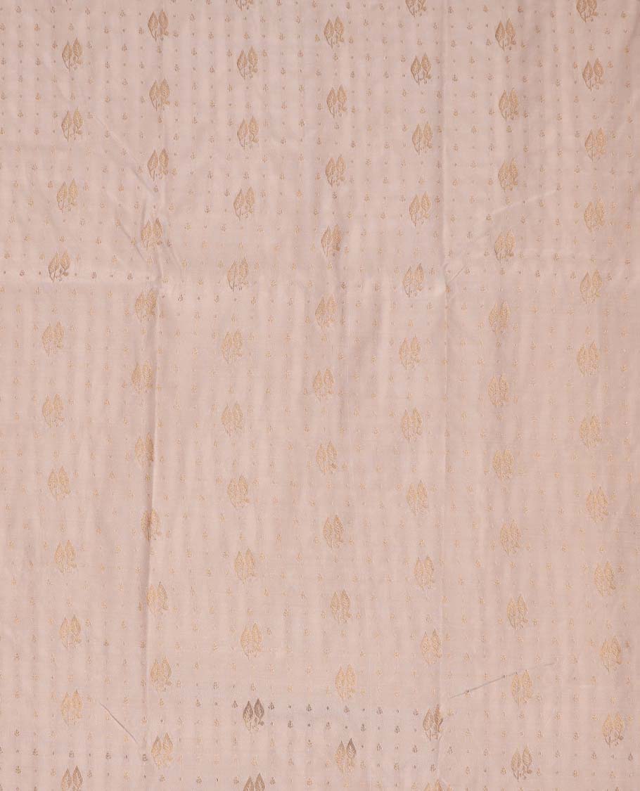 Cream art silk pavadai material, zari buttas with contrast traditional zari bordered skirt, and a contrast bordered blouse