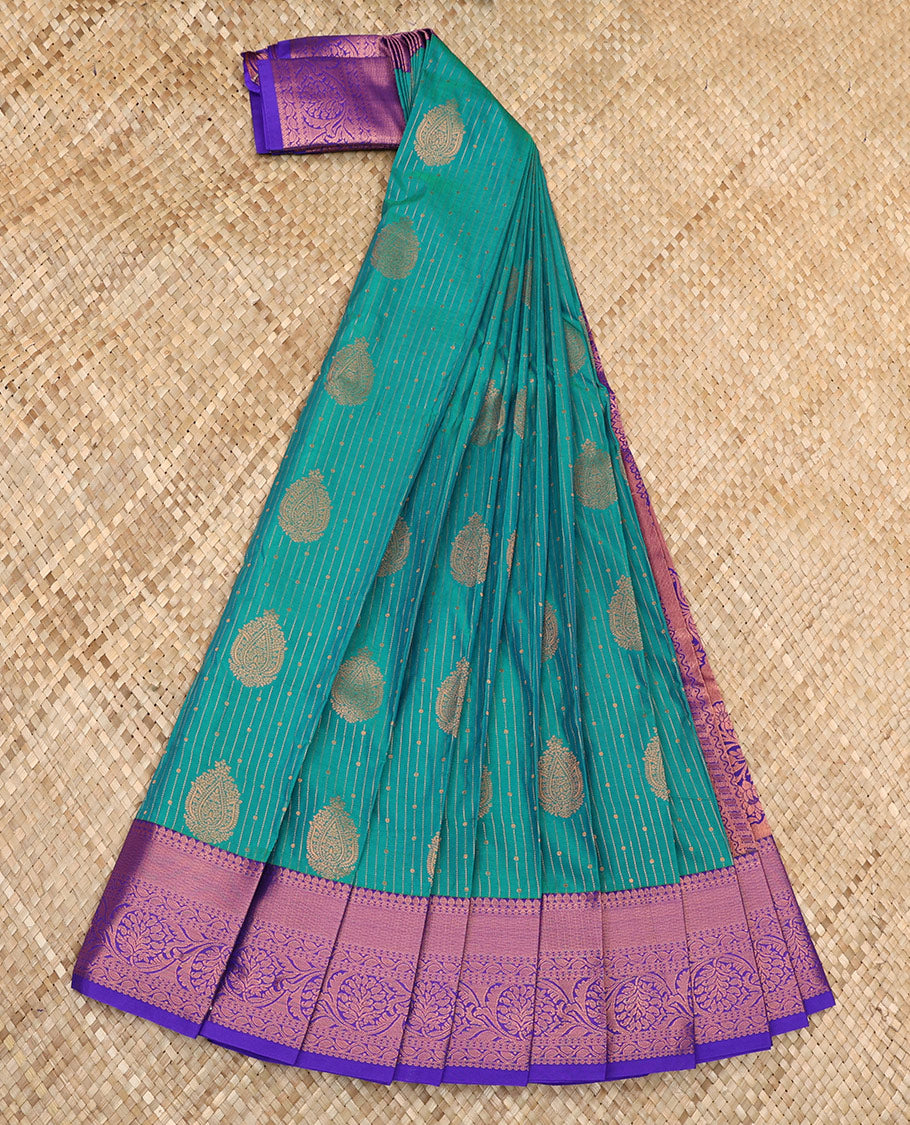 Green Budget Silk Saree Ornamented with Zari Designs, Highlighted by a Contrast Traditional Zari-Design Border, Pallu Steeped with Paisley Designs, and Paired with a Contrast Blouse