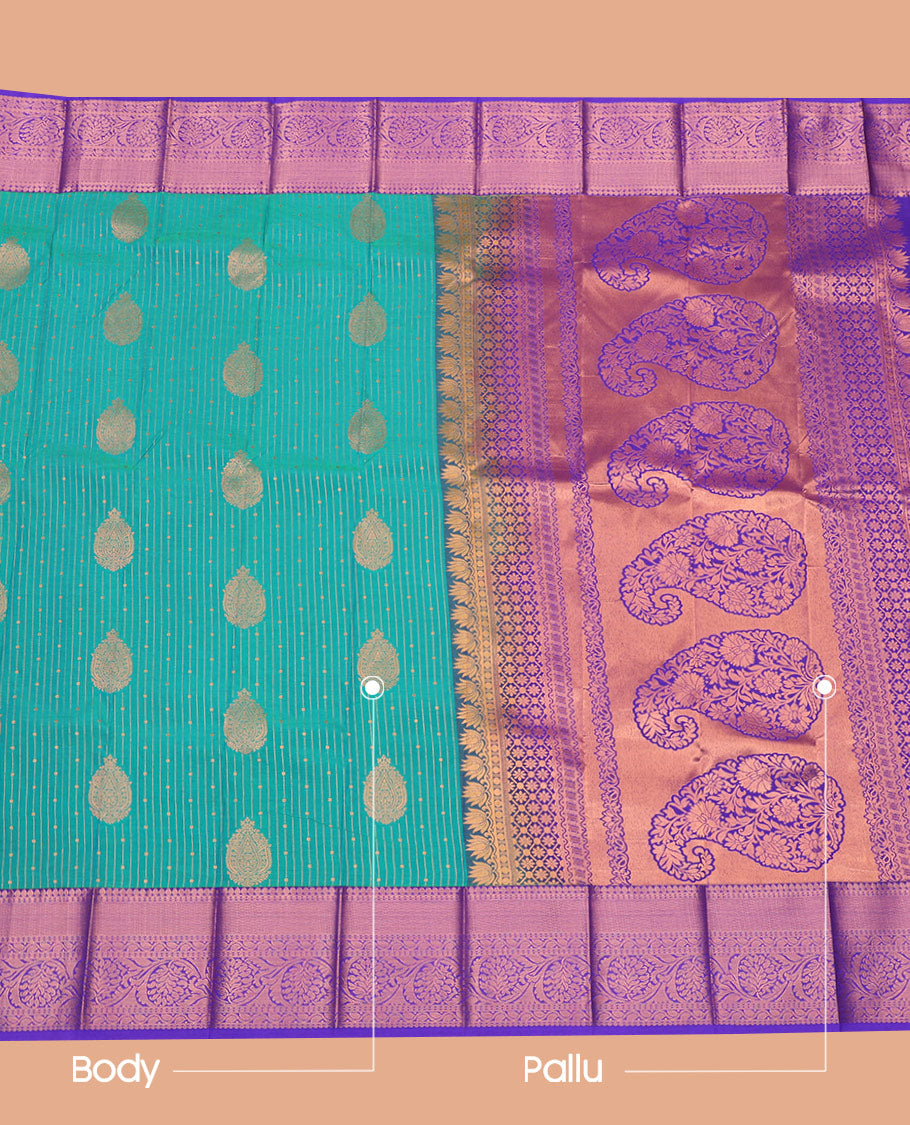 Green Budget Silk Saree Ornamented with Zari Designs, Highlighted by a Contrast Traditional Zari-Design Border, Pallu Steeped with Paisley Designs, and Paired with a Contrast Blouse