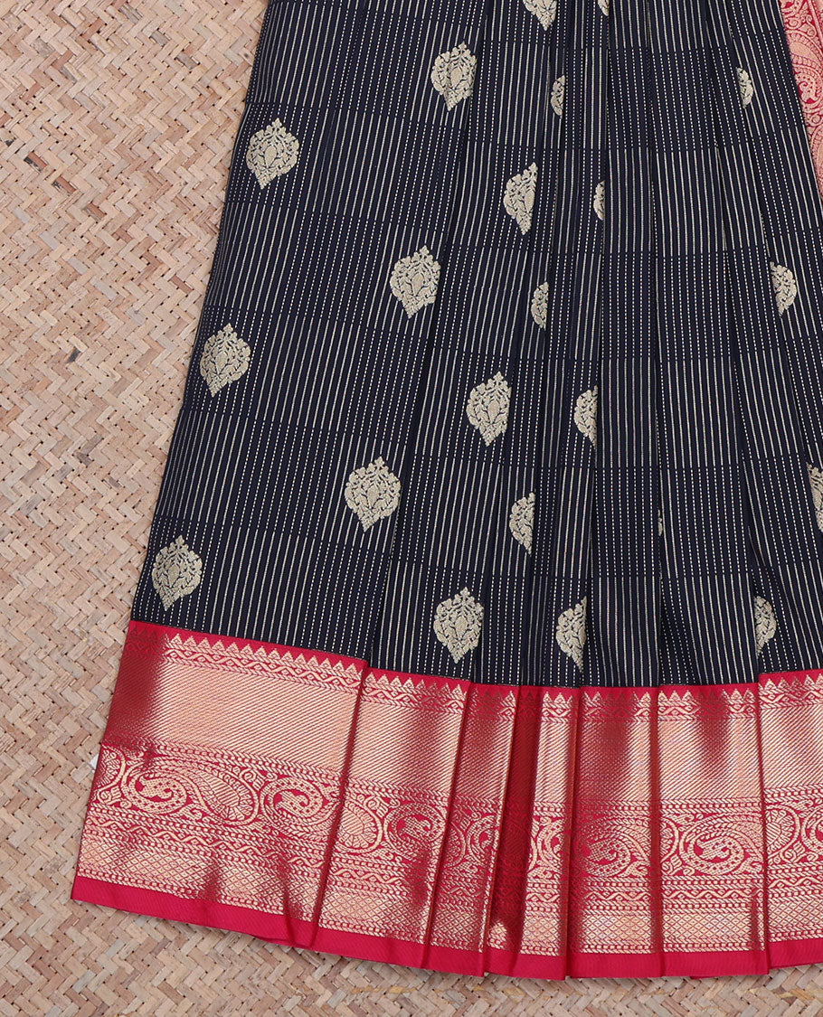 Blue Budget Silk Saree, Detailed with Zari Buttas and Stripes All Over Its Body, Complemented by a Contrast Traditional Zari Design Border of Paisleys, Grand Pallu of Floral Designs, and Paired with a Contrast Blouse