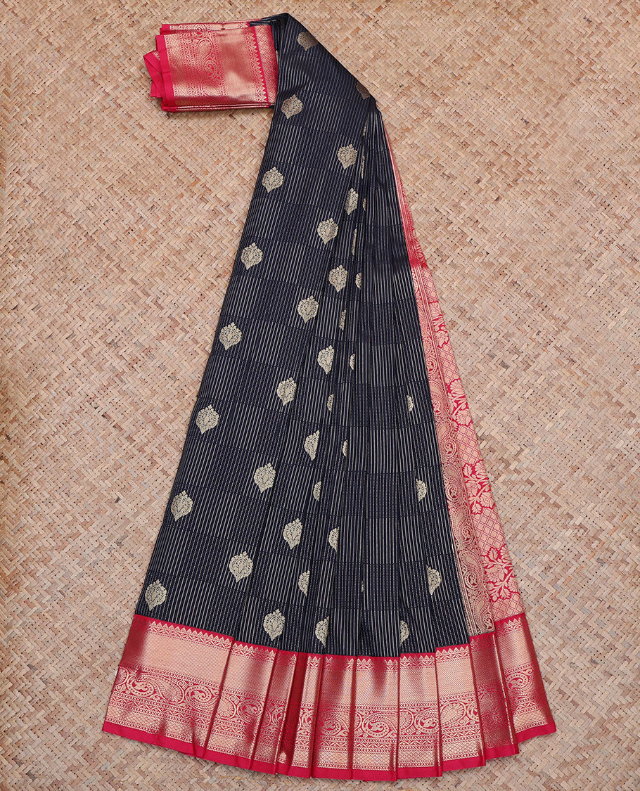 Blue Budget Silk Saree, Detailed with Zari Buttas and Stripes All Over Its Body, Complemented by a Contrast Traditional Zari Design Border of Paisleys, Grand Pallu of Floral Designs, and Paired with a Contrast Blouse