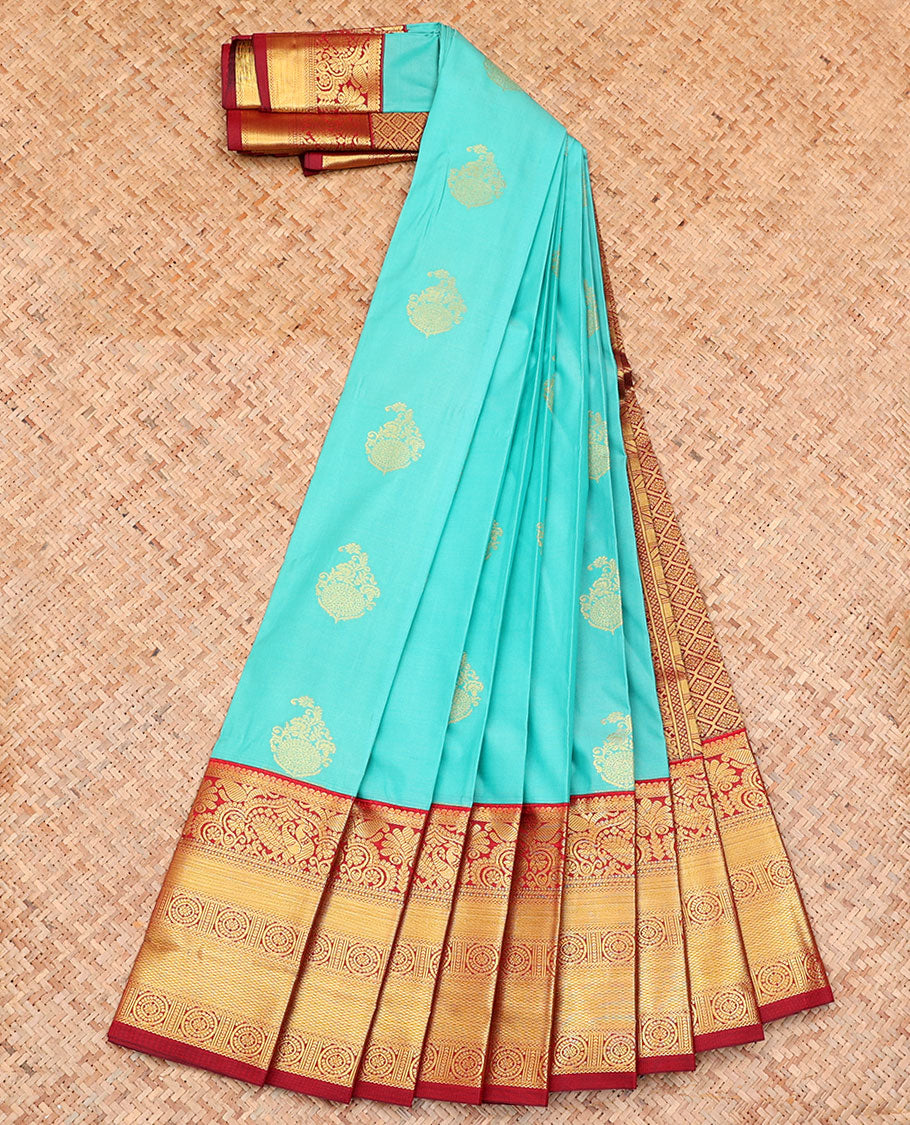 Blue Budget Silk Saree, Enthralled with Zari Buttas on Its Body, Complemented by a Contrast Traditional Zari Design Border, Grand Jaal Pallu, and Paired with a Contrast Blouse