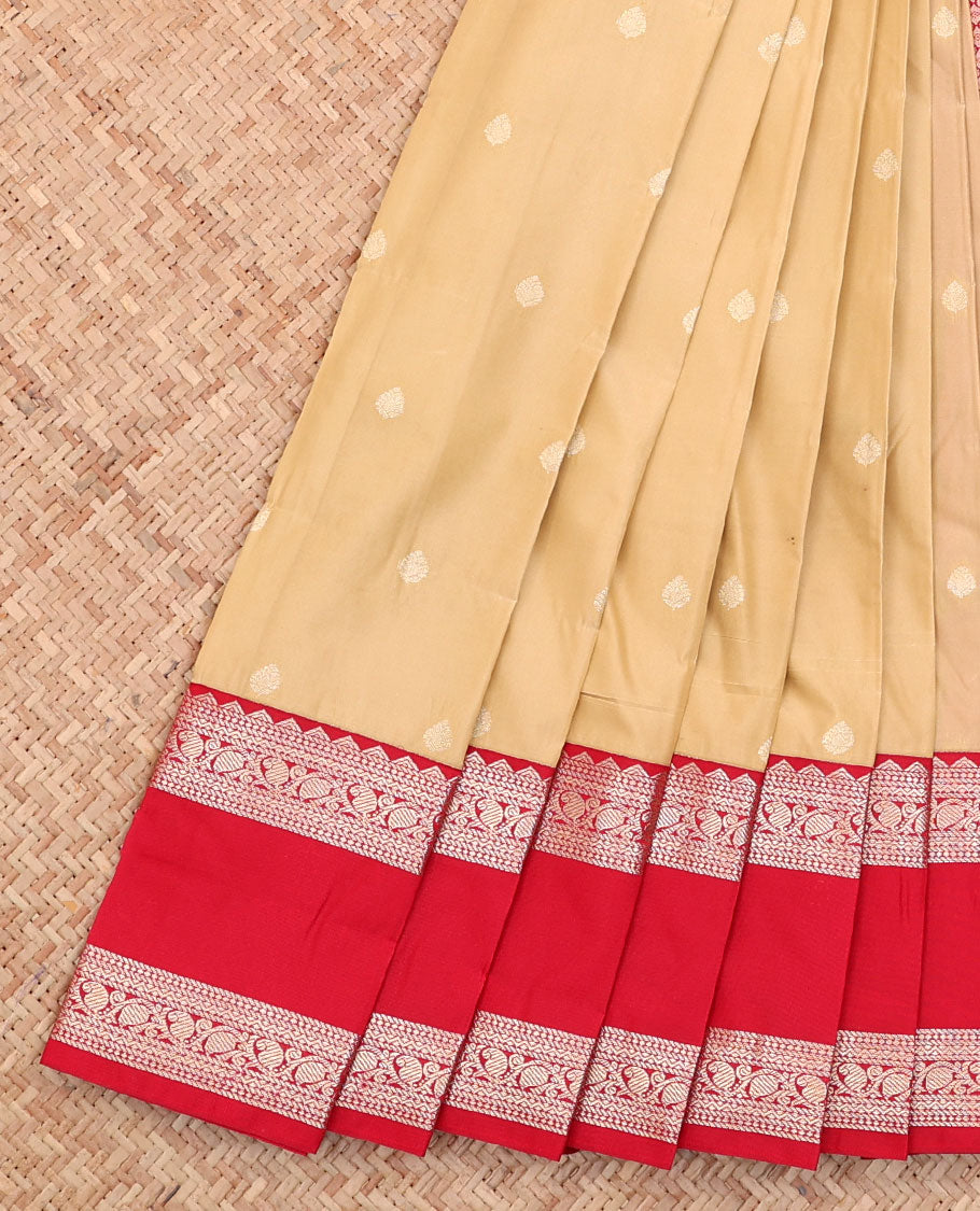 Sandal Budget Silk Saree, Detailed with Buttas All Over Its Body, Complemented by a Contrast Traditional Zari Design Rettai Pettu Border, Grand Pallu, and Paired with a Contrast Blouse