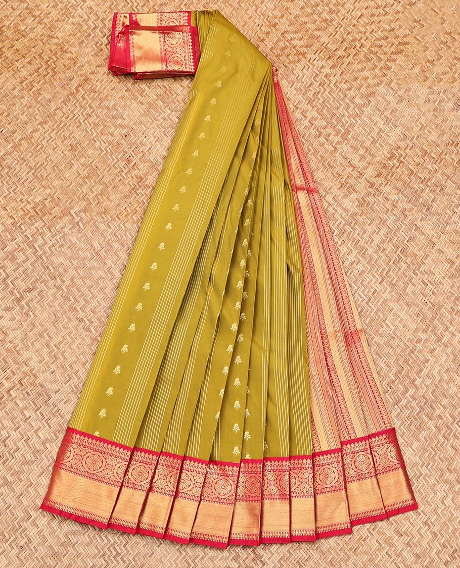 Green Budget Silk Saree, Detailed with Zari Buttas and Stripes on Its Body, Complemented by a Contrast Traditional Zari Design Border, Intricately Designed Pallu, and Paired with a Contrast Blouse