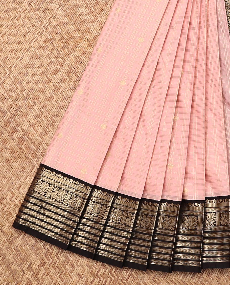 Pink Budget Silk Saree, Prettified with Zari Buttas and Checks, Complemented by a Contrast Traditional Zari Border, Grand Pallu, and a Contrast Blouse