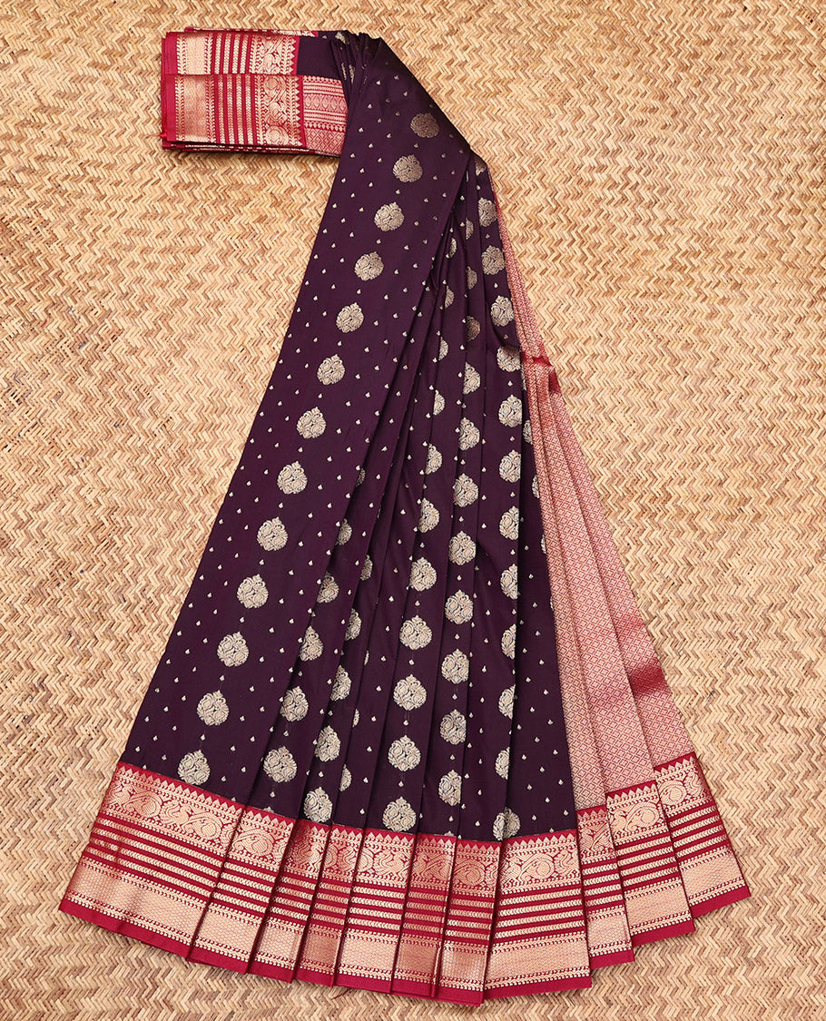 Brown Budget Silk Saree, Accentuated with Zari Buttas, Complemented by a Contrast Traditional Zari Border, Intricate Pallu, and a Contrast Blouse