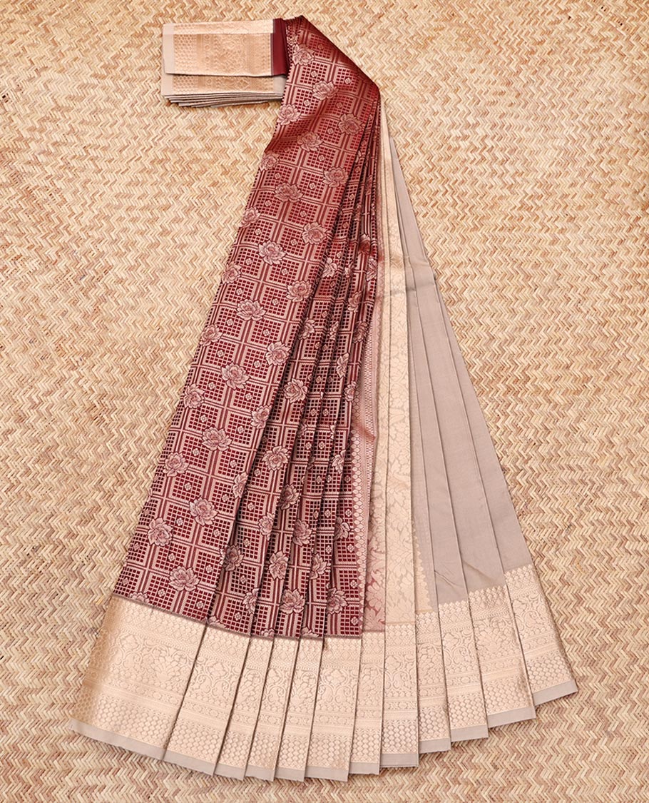 Maroon Budget Silk Saree, Finely Crafted with Jacquard Design, Complemented by a Contrast Traditional Zari Border, Grand Pallu, and a Contrast Blouse