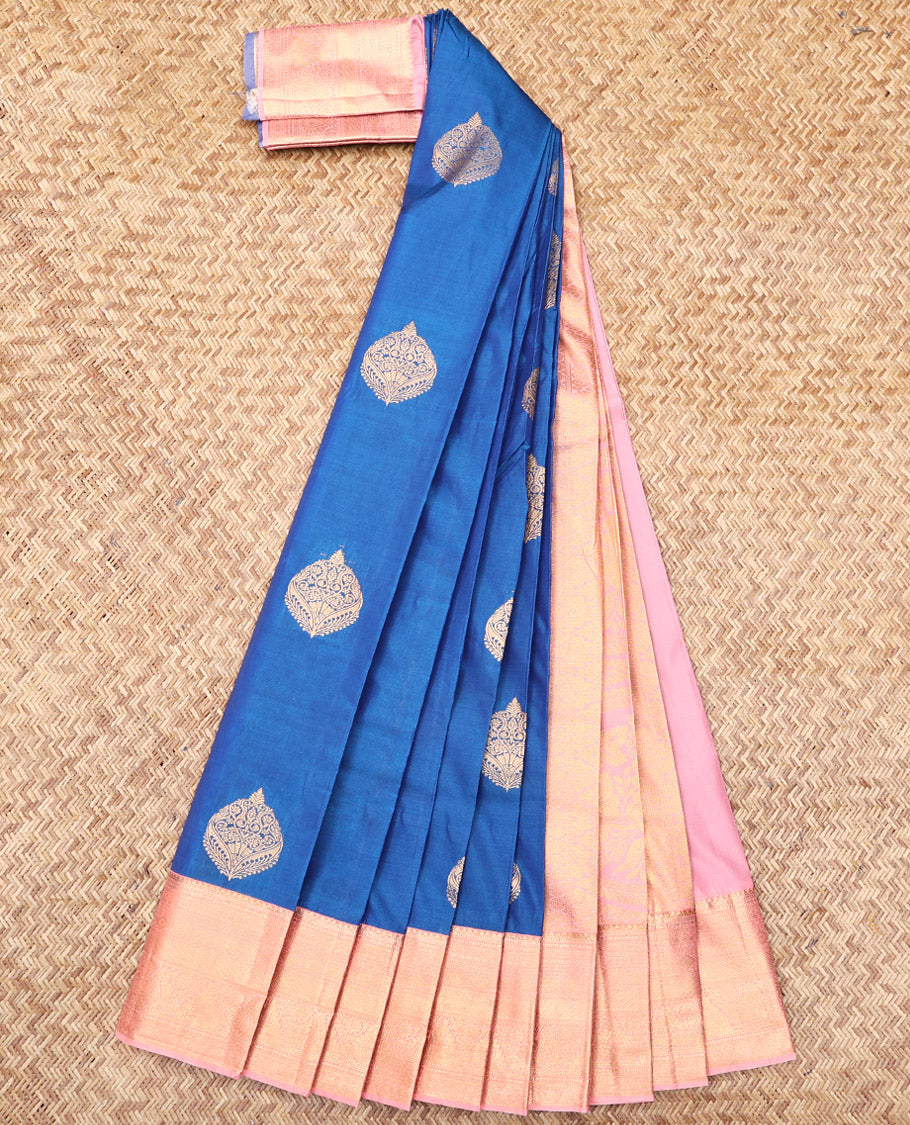 Blue Budget Silk Saree, Accentuated with Zari Buttas, Complemented by a Contrast Traditional Zari Border, Grand Pallu, and a Contrast Blouse