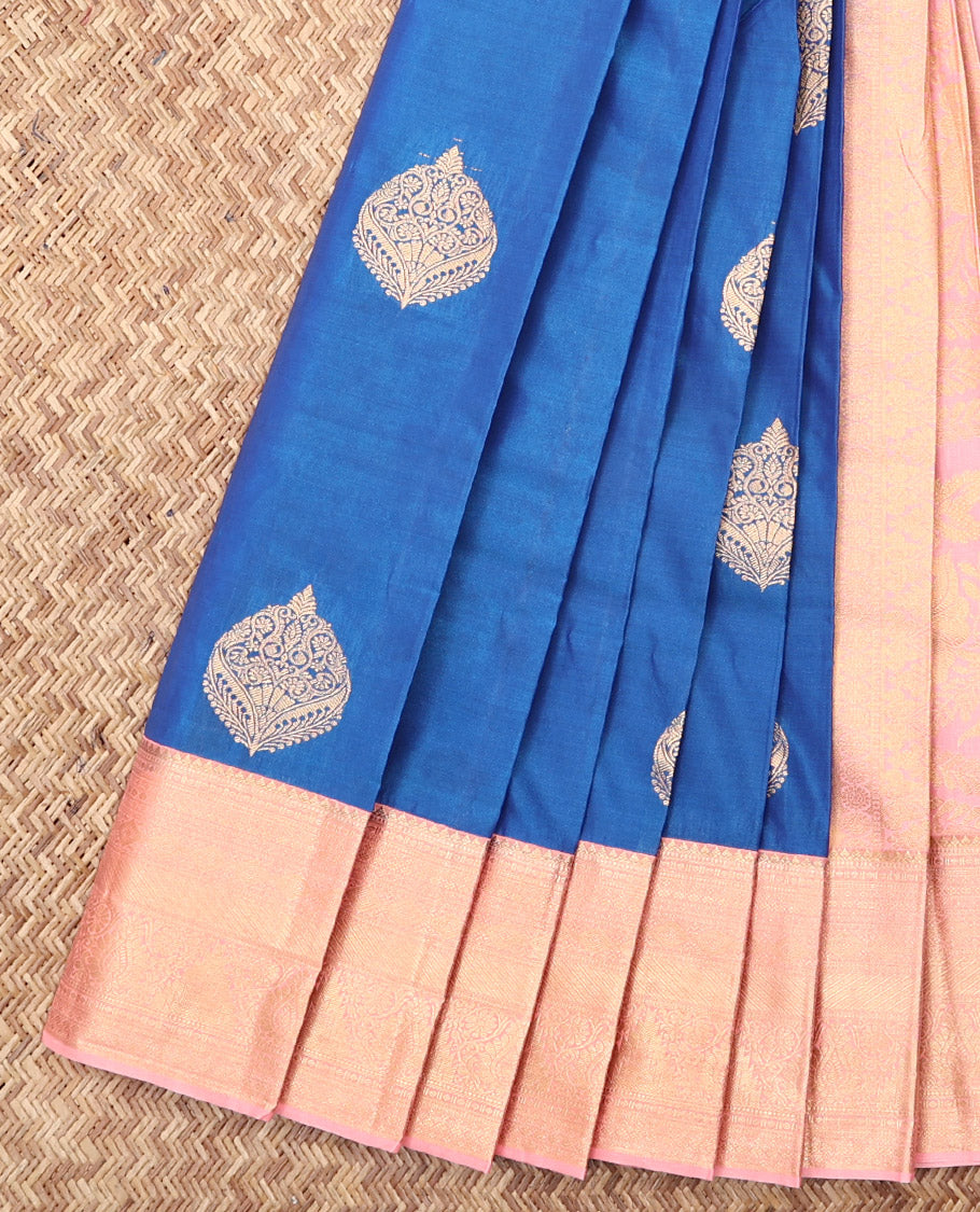 Blue Budget Silk Saree, Accentuated with Zari Buttas, Complemented by a Contrast Traditional Zari Border, Grand Pallu, and a Contrast Blouse