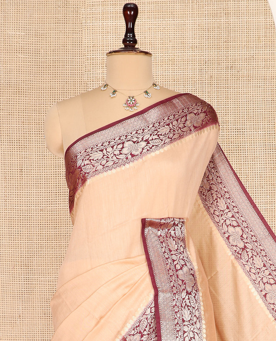 Sandal Plain Assam Silk Saree, Complemented by a Contrast Floral Creeper Zari Design Border, Pallu Steeped with Zari Stripes, and Paired with a Contrast Blouse