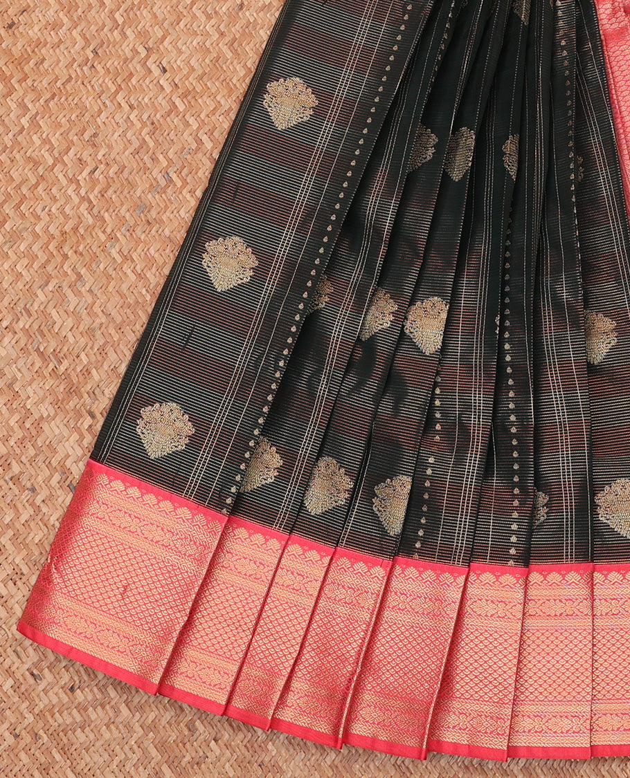 Black Budget Silk Saree, Decorated with Buttas and Stripes All Over Its Body, Complemented by Contrast Traditional Zari Designs Woven Border, Grand Pallu and Paired with a Contrast Blouse