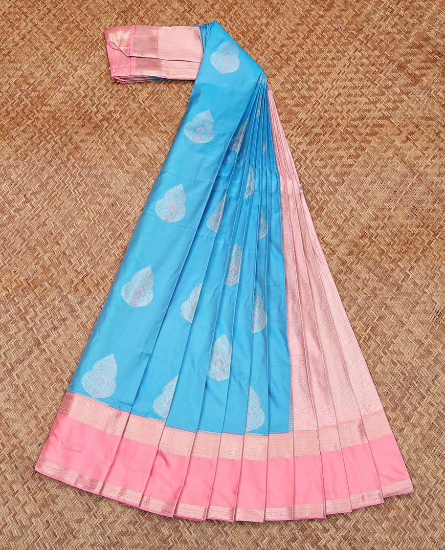 Light Blue Budget Silk Saree, Sparsely Sparked with Zari Buttas All Over Its Body, Complemented by Contrast Traditional Zari Designs Woven Rettai Pettu Border, Grand Jaal Pallu and Paired with a Contrast Blouse