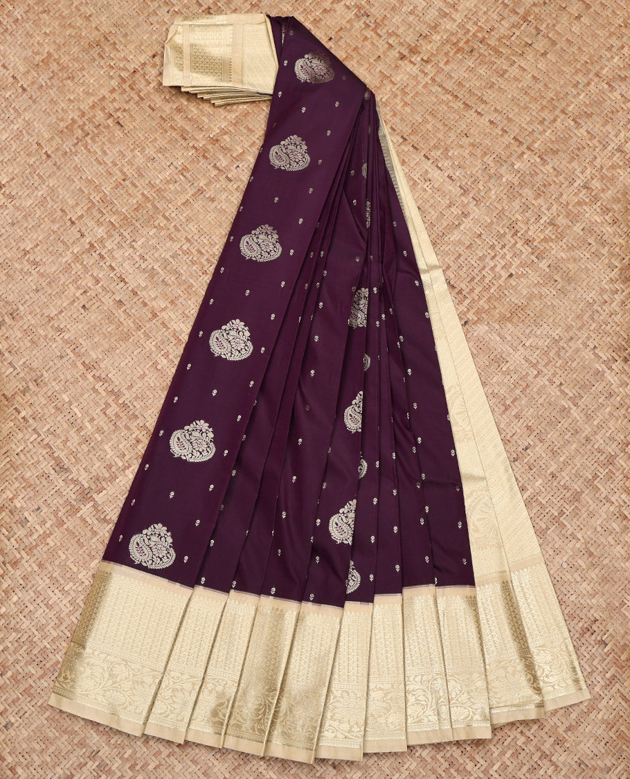 Dark Maroon Budget Silk Saree, Meticulously Crafted with Zari Buttas All Over Its Body, Complemented by a Contrast Traditional Zari Design Border, Sparsely Woven Pallu, and Paired with a Contrast Blouse