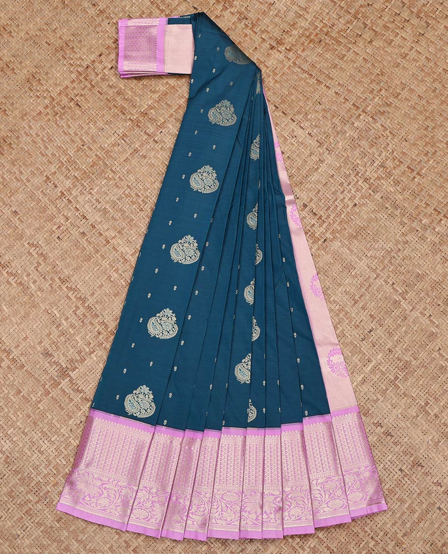 Blue Budget Silk Saree, Decked Up with Zari Buttas on Its Body, Complemented by a Contrast Traditional Zari Design Border, Intricately Designed Pallu, and Paired with a Contrast Blouse