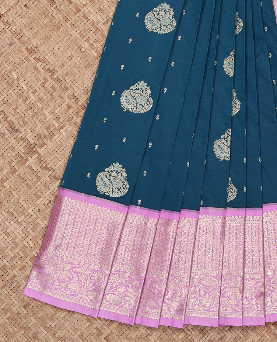 Blue Budget Silk Saree, Decked Up with Zari Buttas on Its Body, Complemented by a Contrast Traditional Zari Design Border, Intricately Designed Pallu, and Paired with a Contrast Blouse