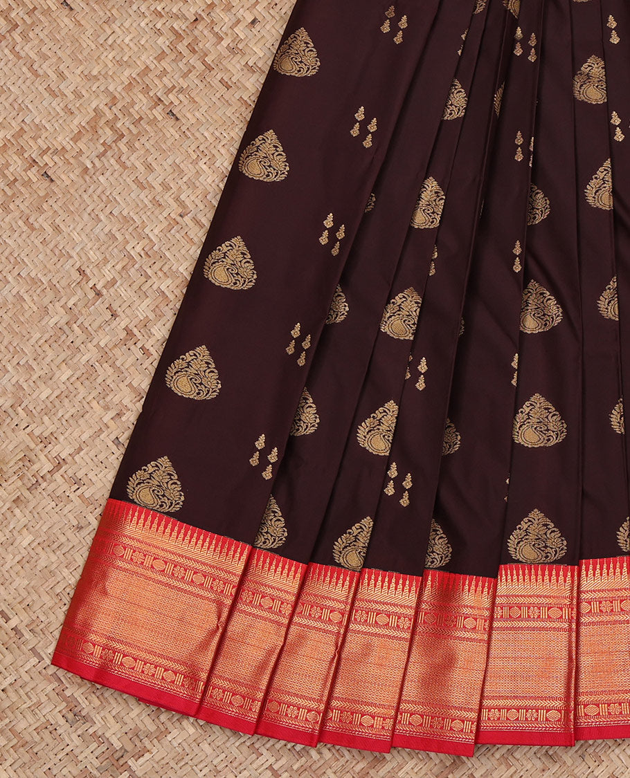 Brown Budget Silk Saree, Decorated with Zari Buttas All Over Its Body, Complemented by a Contrast Traditional Zari Design Border, Grand Pallu, and Paired with a Contrast Blouse