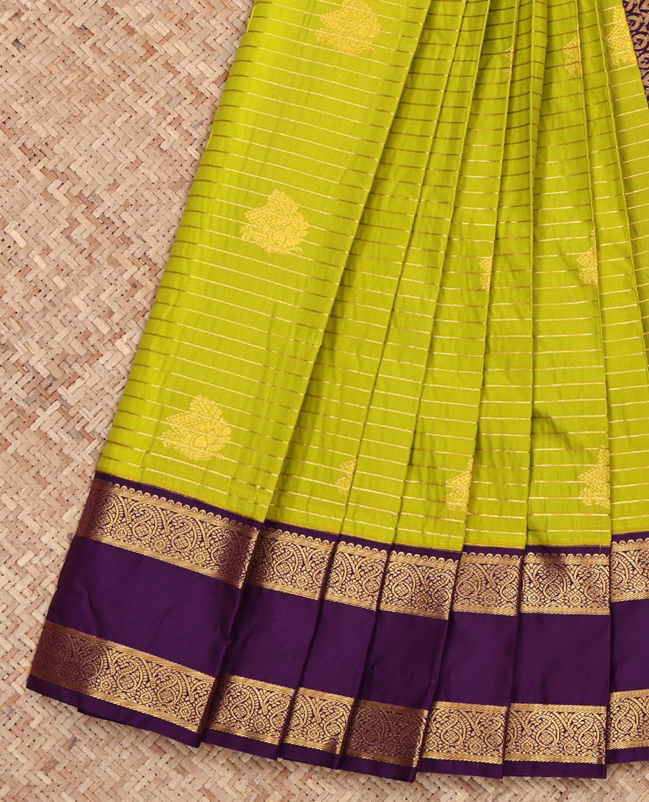 Parrot Green Budget Silk Saree, Accentuated with Zari Buttas and Stripes All Over Its Body, Complemented by a Contrast Traditional Zari Border of Paisley Designs, Pallu of Jaal Designs, and Paired with a Contrast Blouse