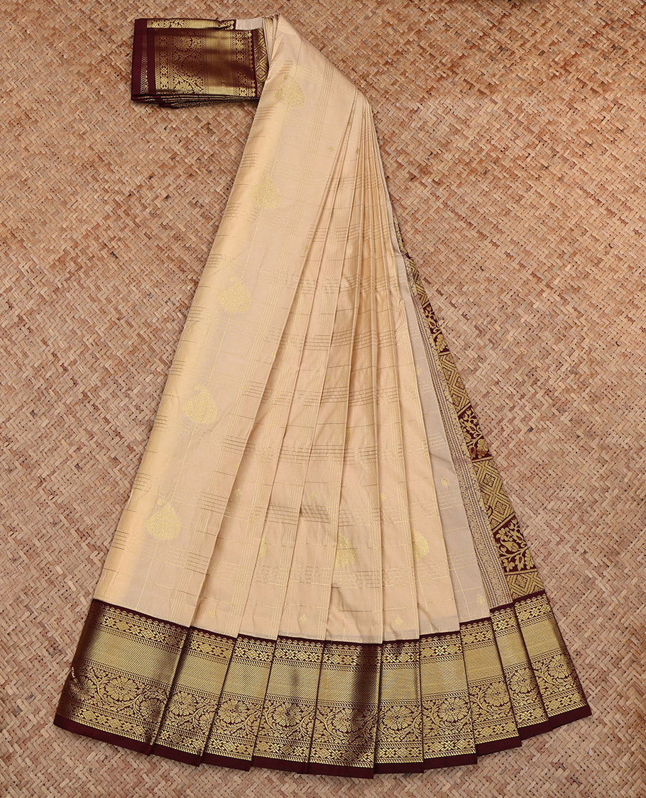 Sandal Budget Silk Saree, Subtly Sparkled with Zari Designs, Complemented by Contrast Traditional Rettai Pettu Border, Pallu of Paisleys and a Contrast Blouse