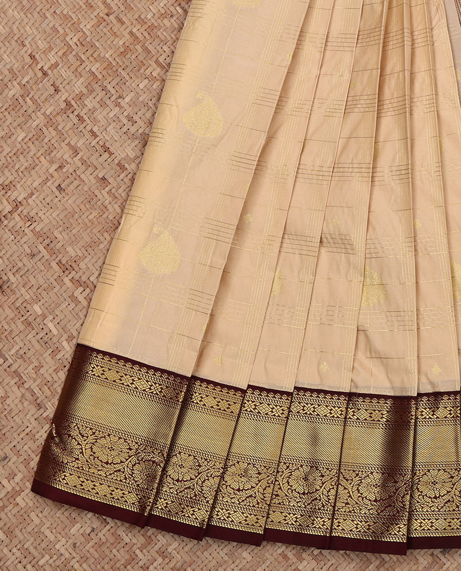 Sandal Budget Silk Saree, Subtly Sparkled with Zari Designs, Complemented by Contrast Traditional Rettai Pettu Border, Pallu of Paisleys and a Contrast Blouse