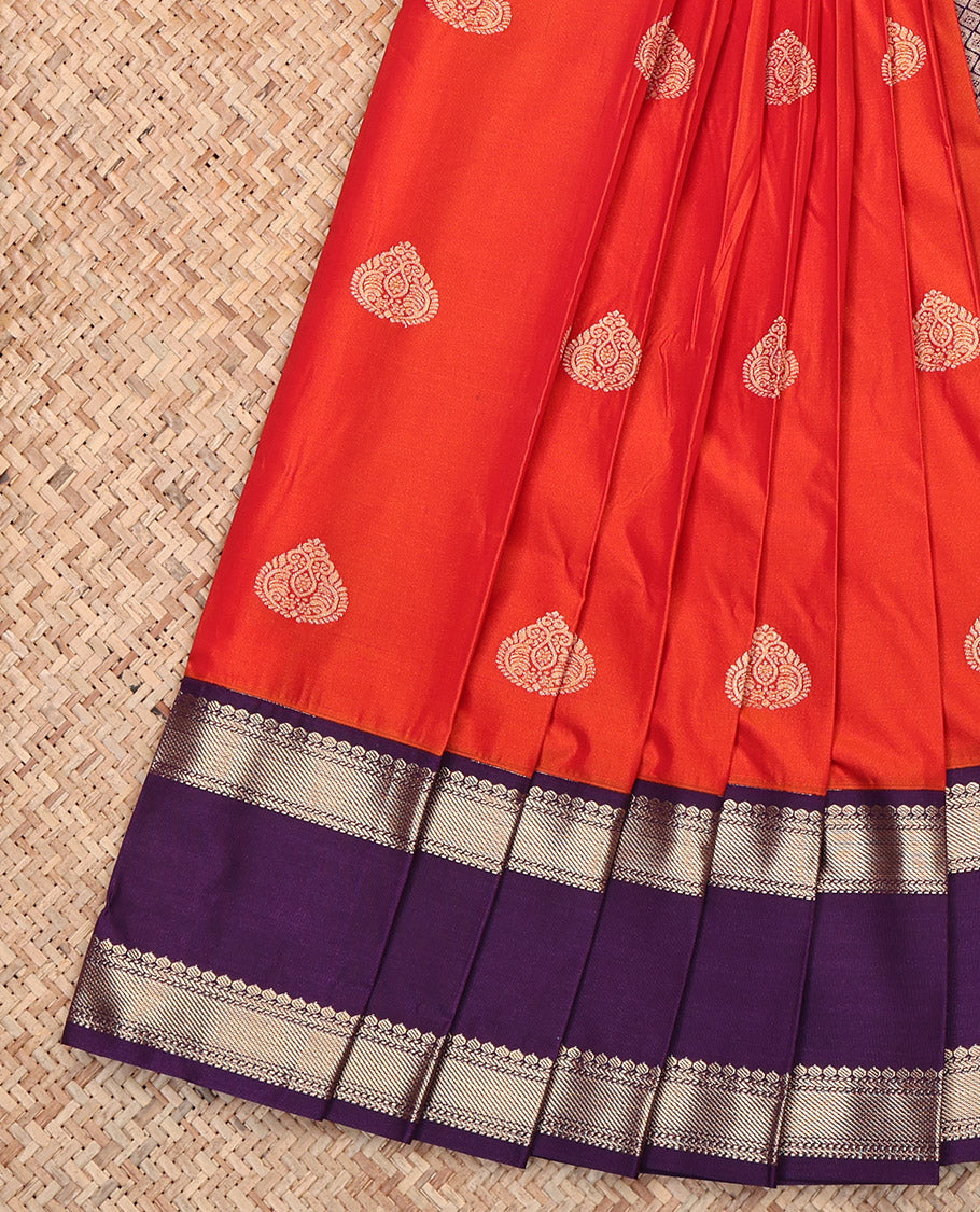 Orange Budget Silk Saree, Woven with Buttas, Complemented by a Contrast Traditional Zari Rettai Pettu Border, Grand Jaal Pallu, and a Contrast Blouse