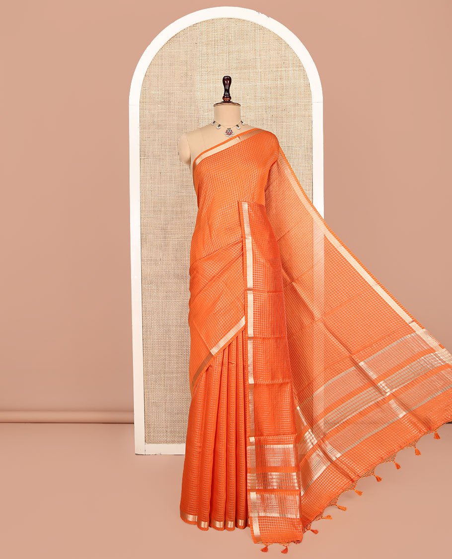 Orange Checked Assam Silk Saree, Highlighted by a Traditional Zari Border, Zari-Striped Pallu, and a Matching Blouse