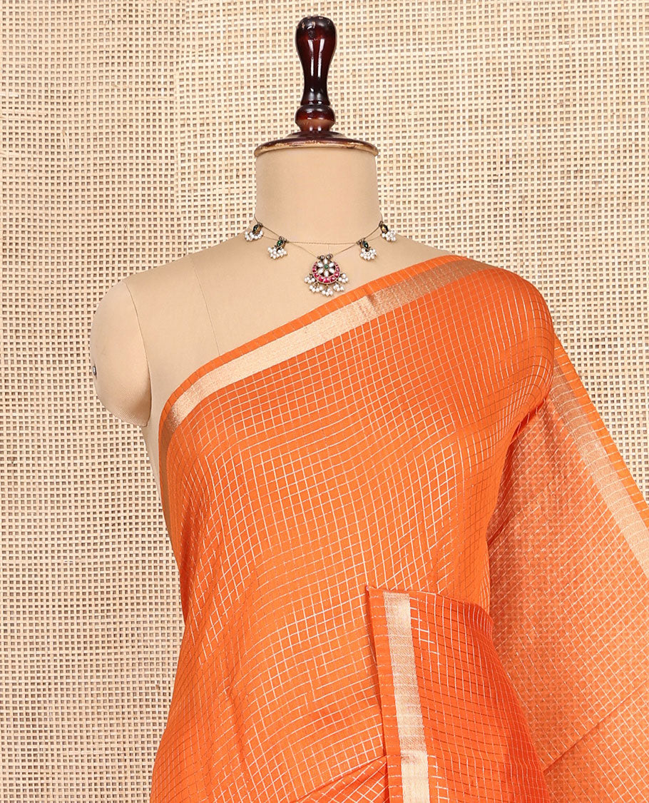 Orange Checked Assam Silk Saree, Highlighted by a Traditional Zari Border, Zari-Striped Pallu, and a Matching Blouse