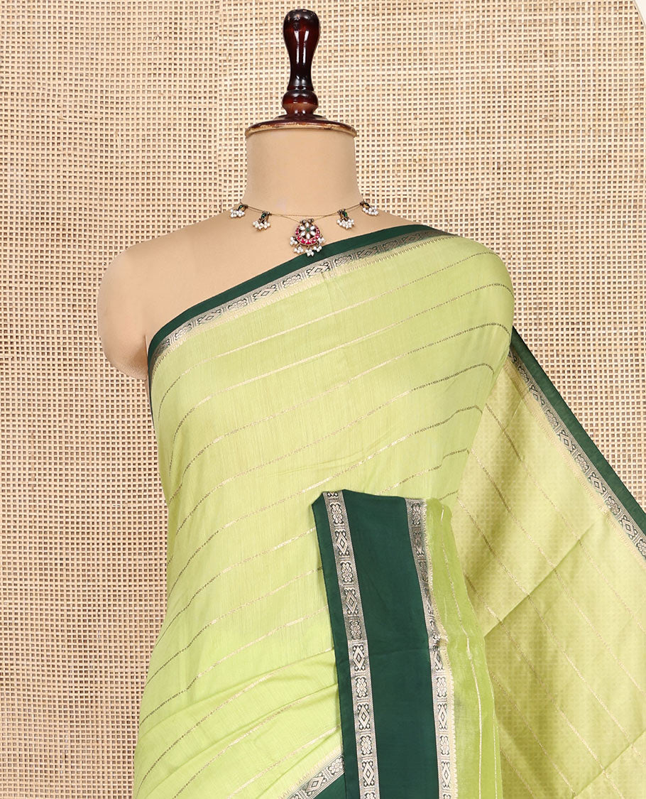 Apple Green Assam Silk Saree, Sparsely Woven with Zari Stripes, Contrast Traditional Zari Border, a Pallu of Zari Stripes, and a Contrast Blouse