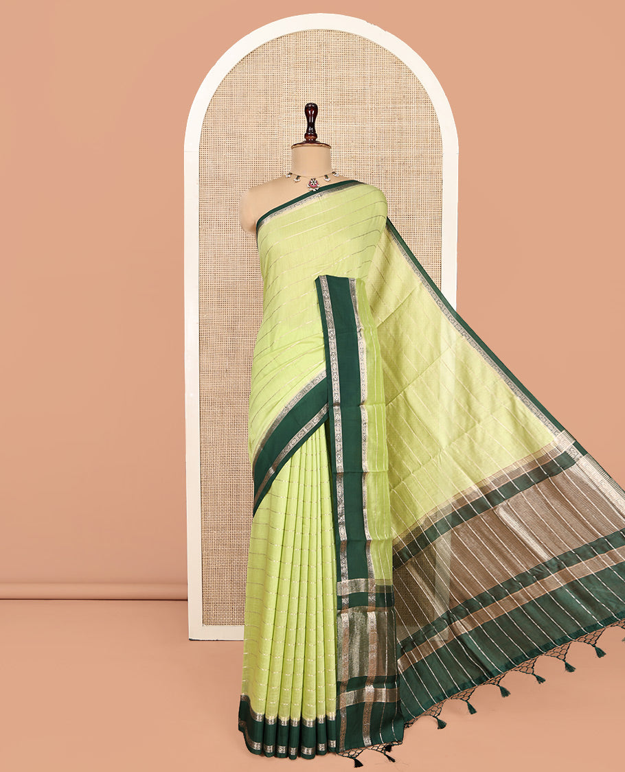 Apple Green Assam Silk Saree, Sparsely Woven with Zari Stripes, Contrast Traditional Zari Border, a Pallu of Zari Stripes, and a Contrast Blouse