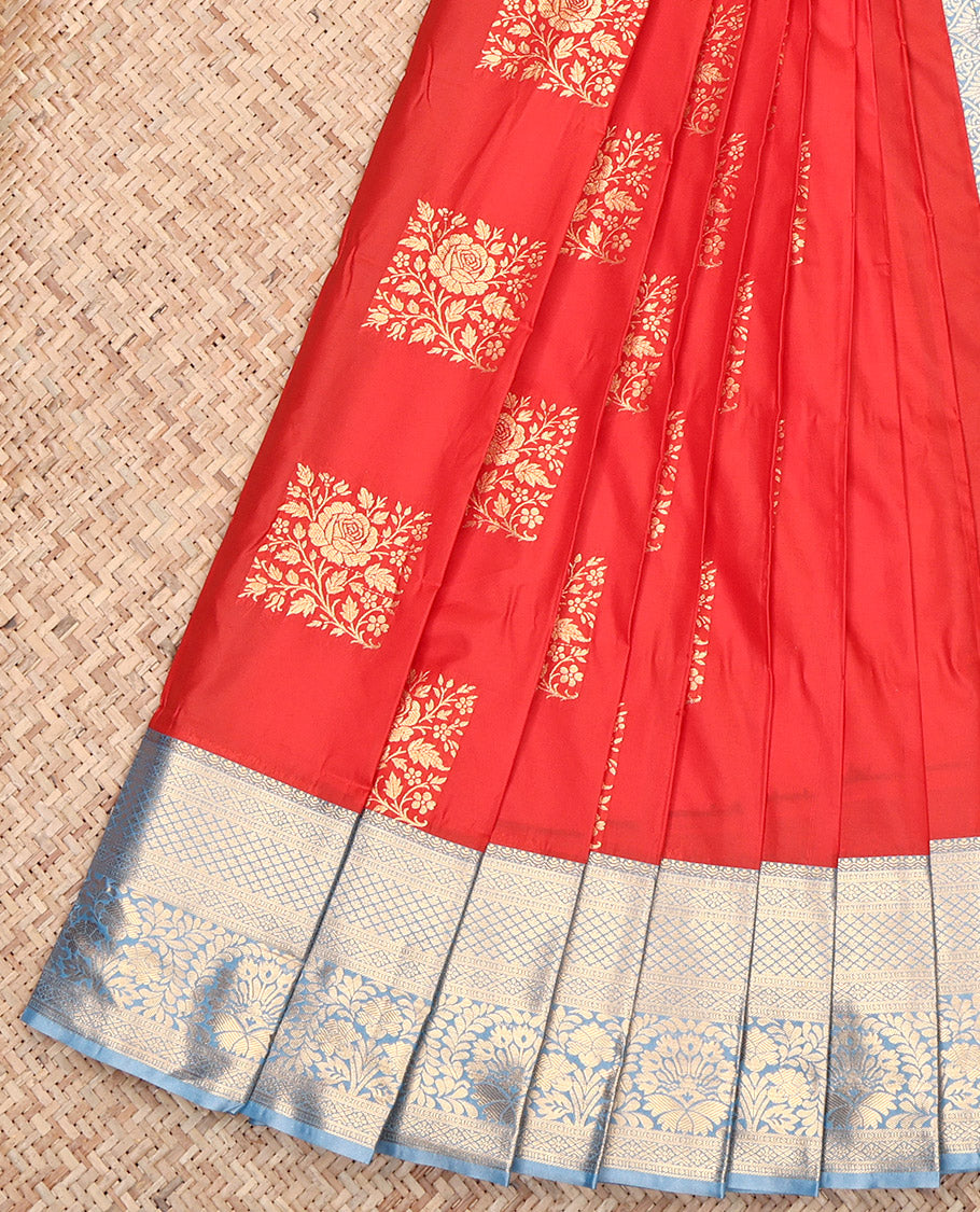 Red Budget Silk Saree, Spotlighted with Zari Buttas, Contrast Traditional Zari Border, Jaal Pallu, and a Contrast Blouse