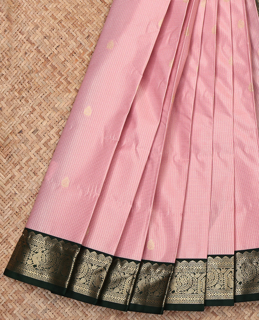 Pink Budget Silk Saree, Prettified with Zari Buttas and Checks, Complemented by Contrast Traditional Zari Border, Geometric Pallu, and a Contrast Blouse