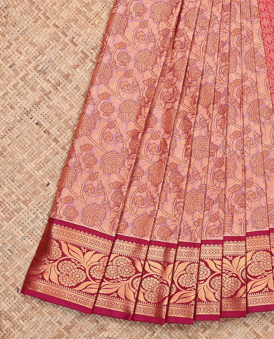 Peach Budget Silk Saree, Sparsely Woven with Floral Jacquard, Complemented by Contrast Floral Creeper Zari Border, Intricate Pallu, and a Contrast Blouse