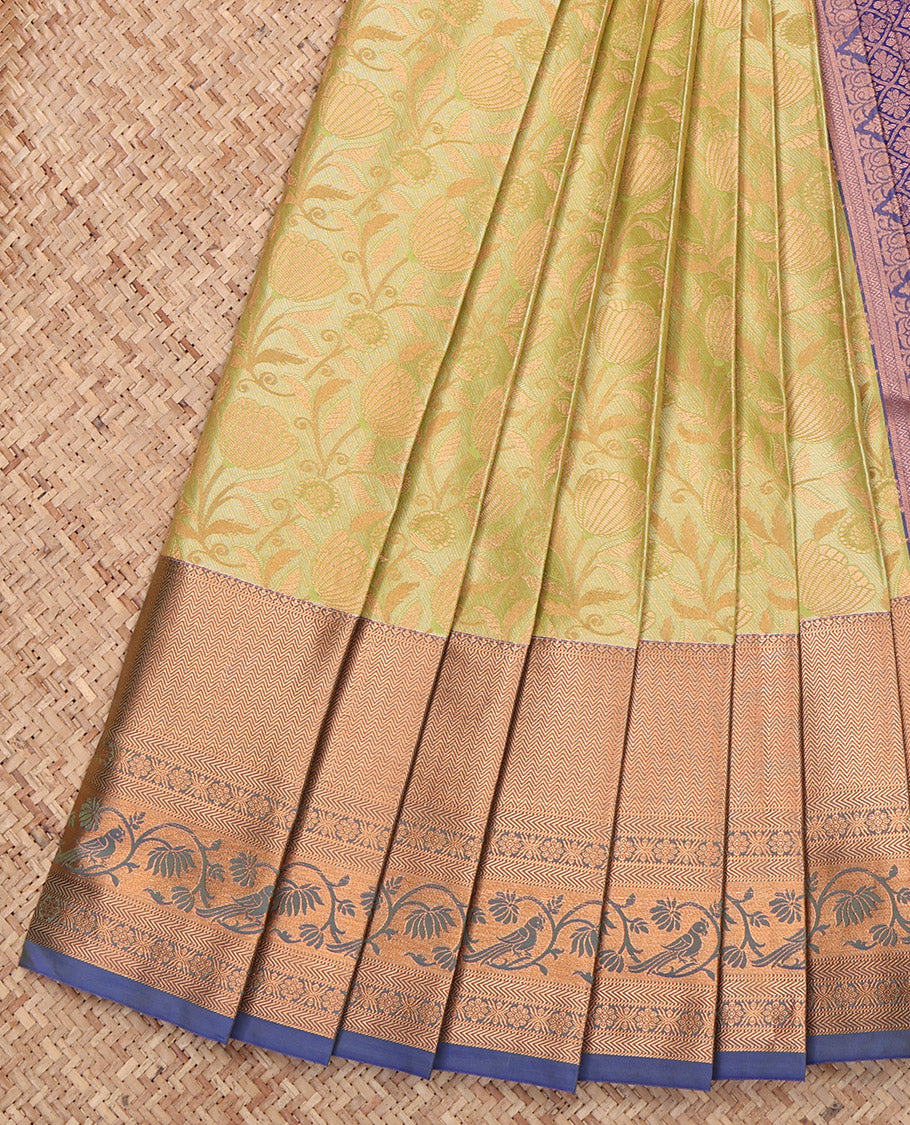 Green Budget Silk Saree, Subtly Sparkled with Jacquard, a Contrast Traditional Zari Border, Jaal Pallu, and a Contrast Blouse