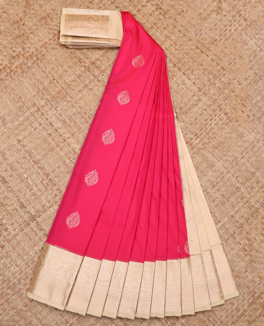 Pink Budget Silk Saree, Woven with Zari Buttas, Complemented by a Contrast Traditional Zari Border, Grand Pallu, and Contrast Blouse