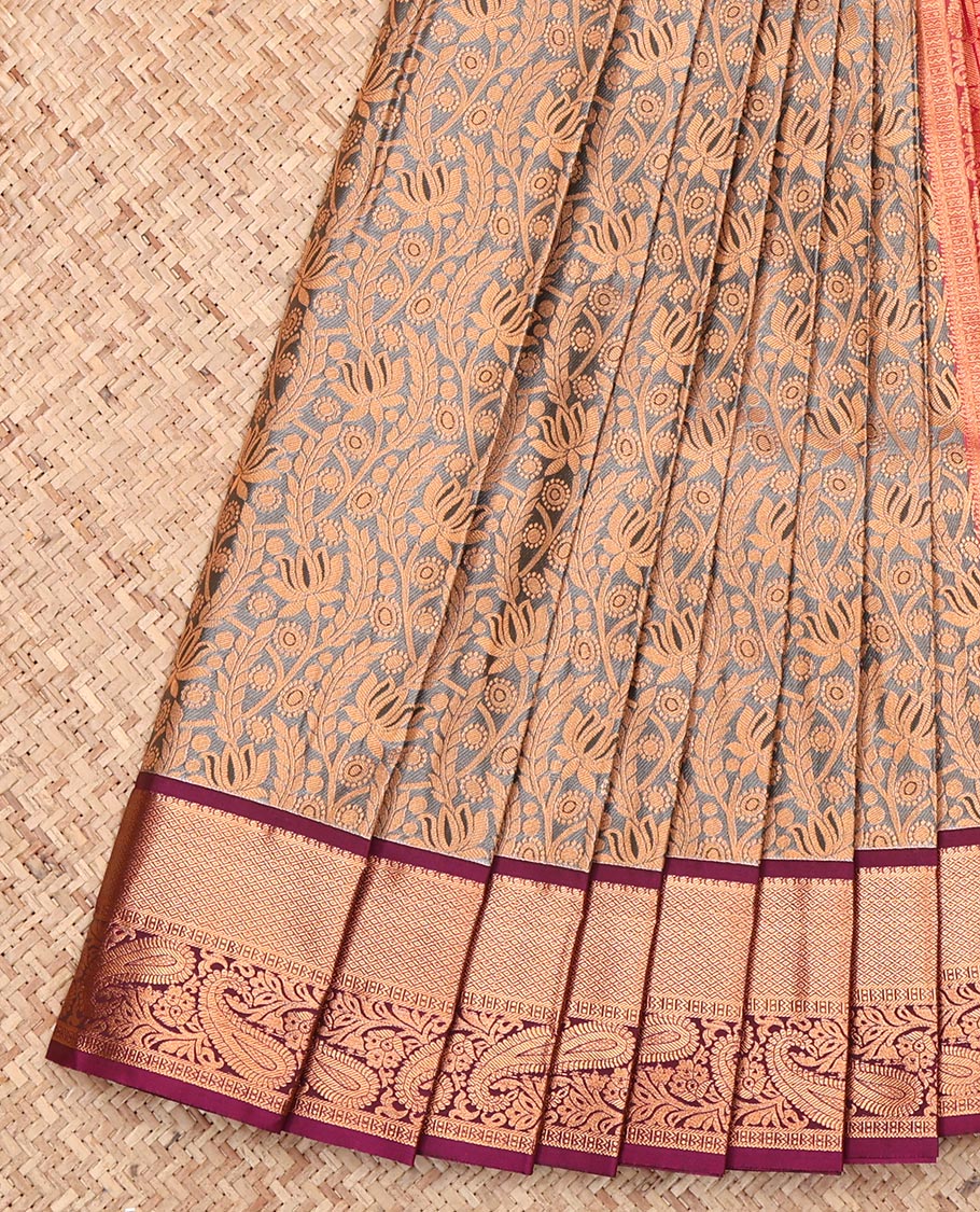 Grey Budget Silk Saree, Decorated with Jacquard Design, Complemented by a Contrast Traditional Zari Border, Grand Pallu, and a Contrast Blouse