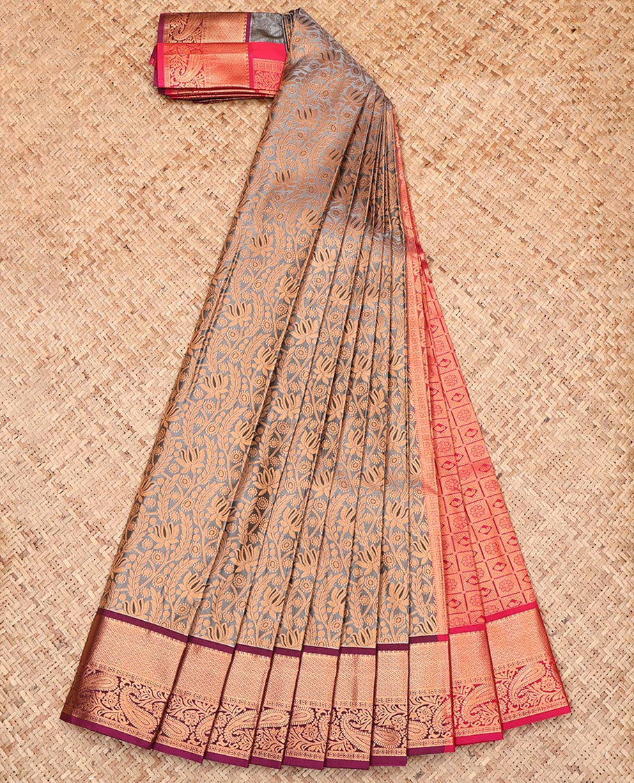 Grey Budget Silk Saree, Decorated with Jacquard Design, Complemented by a Contrast Traditional Zari Border, Grand Pallu, and a Contrast Blouse