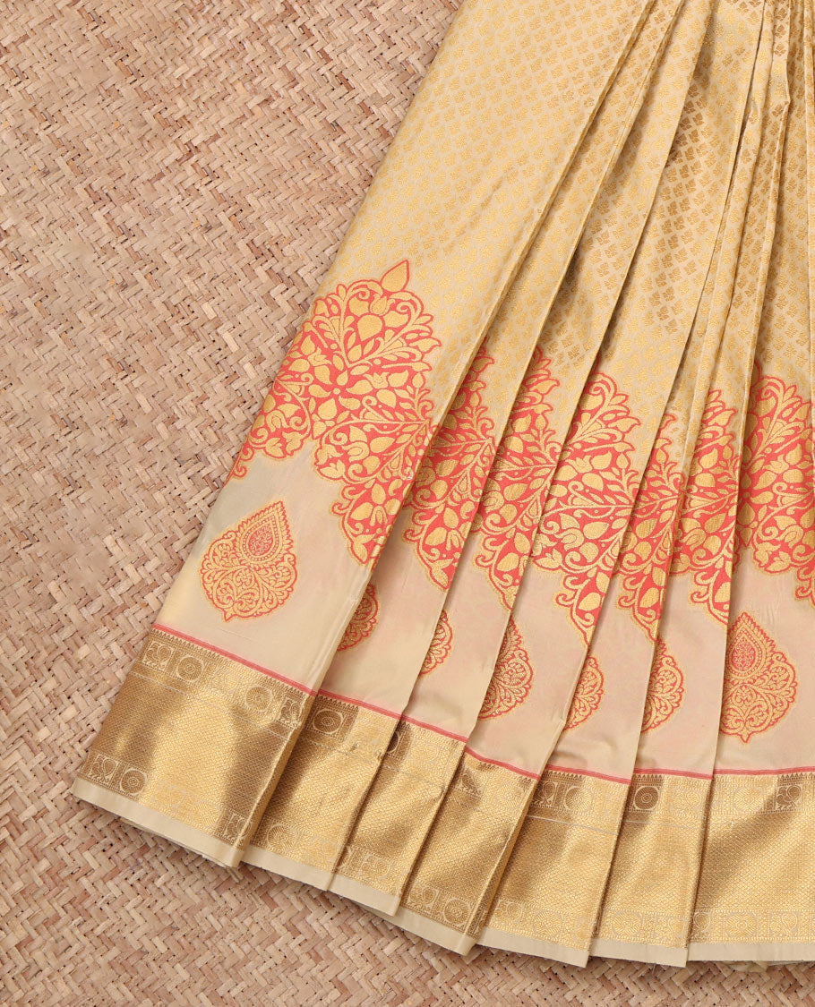 Sandal Budget Silk Saree, Subtly Sparkled with Jacquard Designs, Highlighted by a Traditional Zari Border, Contrast Grand Pallu, and Contrast Blouse