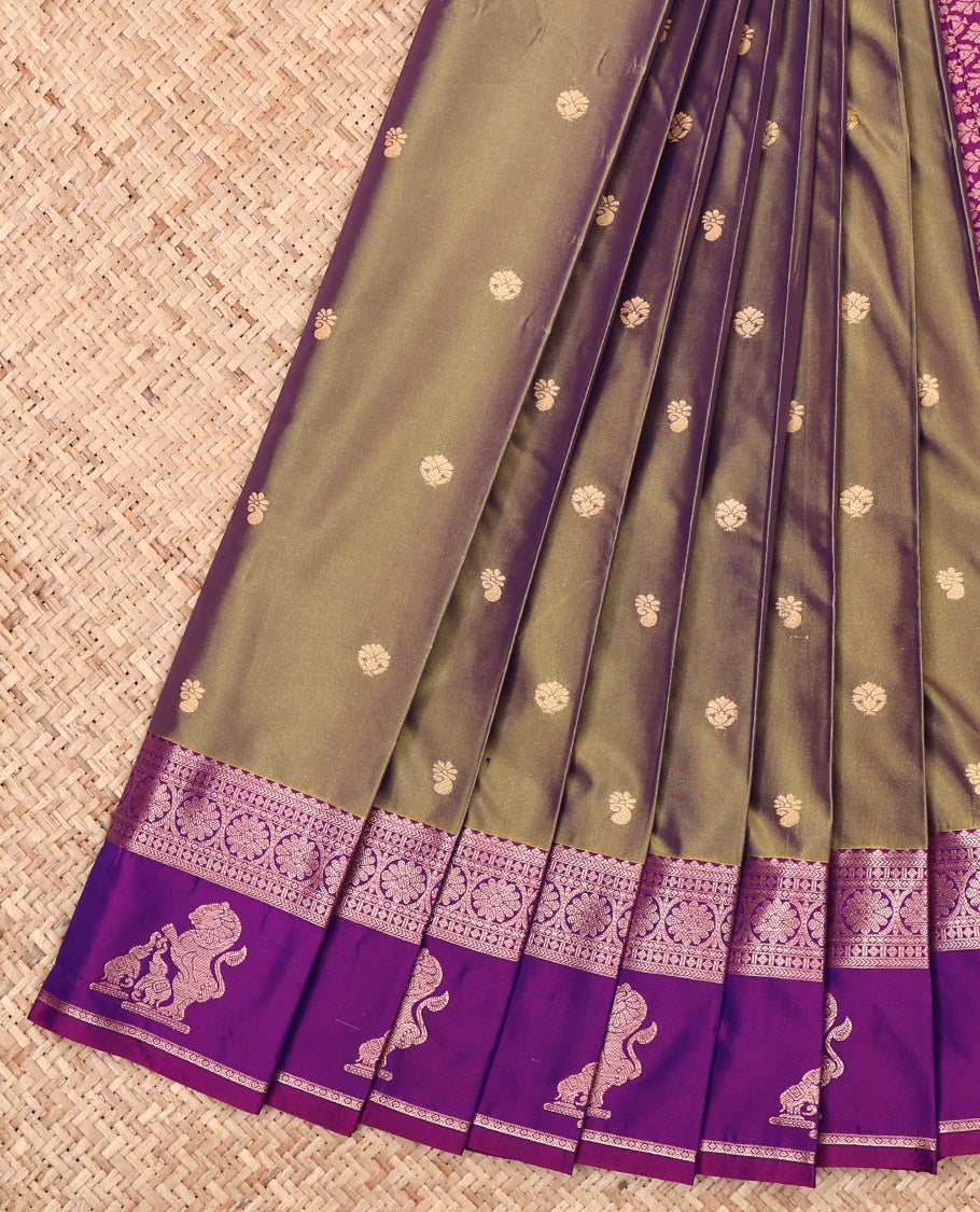 Green Budget Silk Saree, Decorated with Zari Buttas, Complemented by a Contrast Traditional Zari Border of Singam Designs, Grand Pallu, and a Contrast Blouse