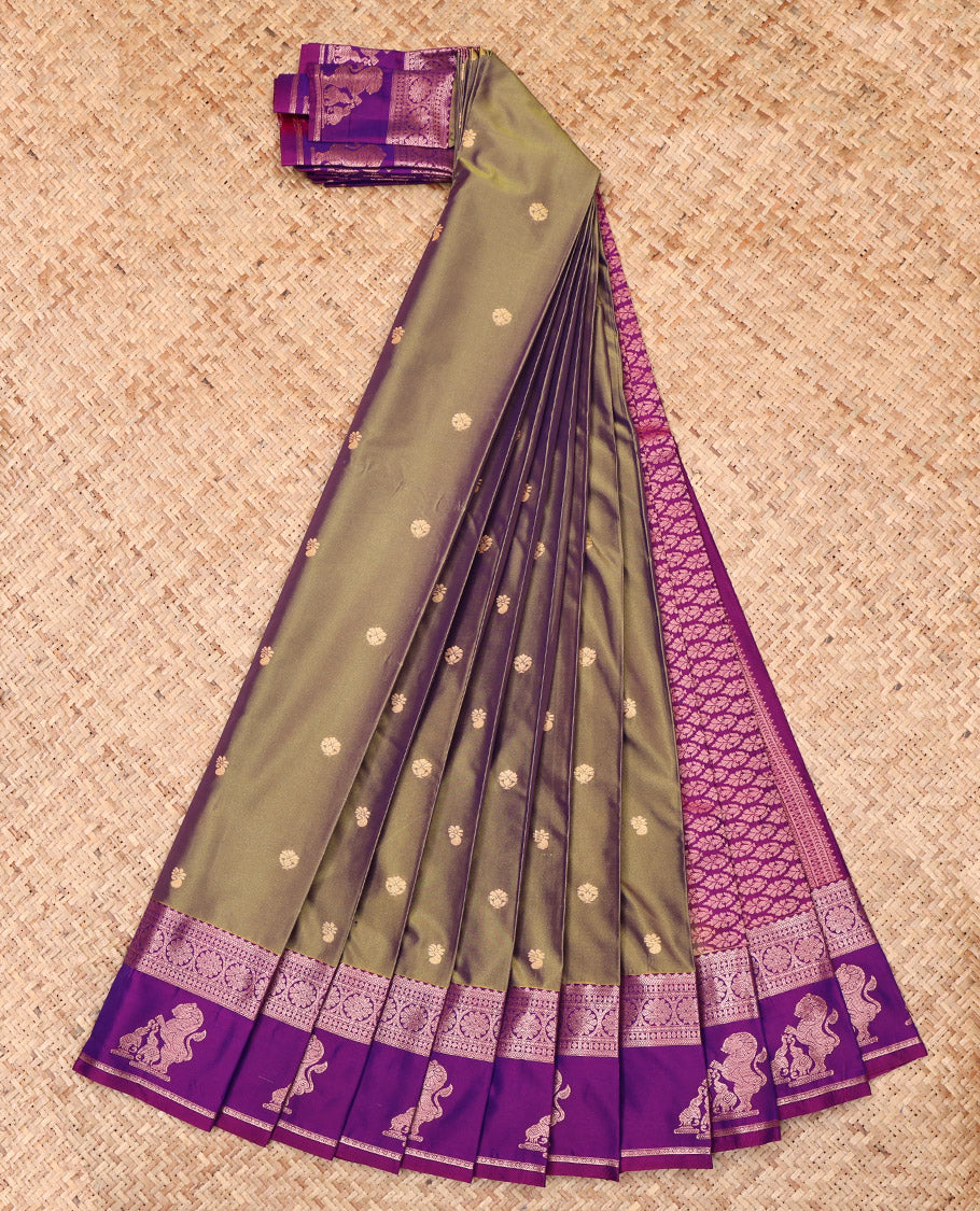 Green Budget Silk Saree, Decorated with Zari Buttas, Complemented by a Contrast Traditional Zari Border of Singam Designs, Grand Pallu, and a Contrast Blouse