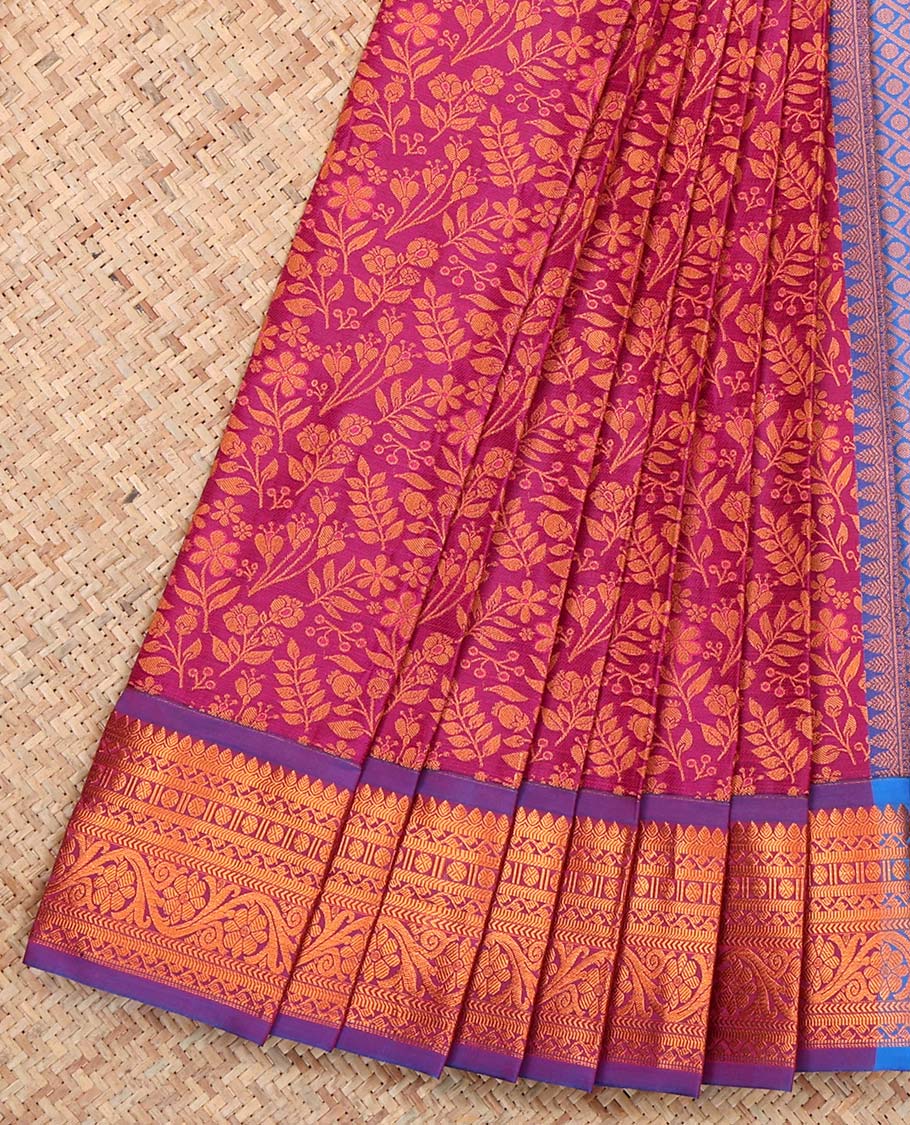 Pink Budget Silk Saree, Bedecked with Floral Vine Design, Complemented by Contrast Traditional Floral Creeper Zari Border, a Jaal Pallu and a Contrast Blouse