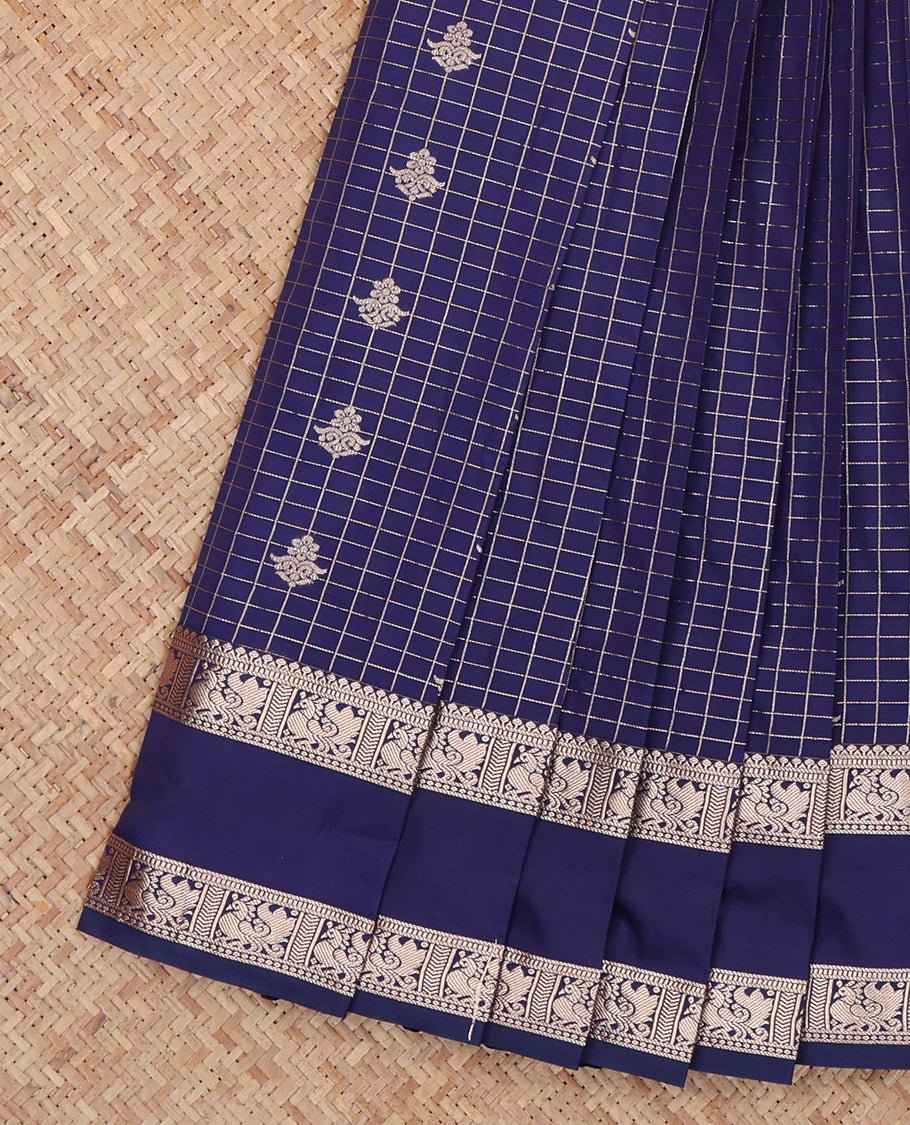 Navy Budget Silk Saree, Detailed with Zari Buttas and Checks, Highlighted by Traditional Zari Rettai Pettu Border, Contrast Grand Pallu, and a Contrast Blouse
