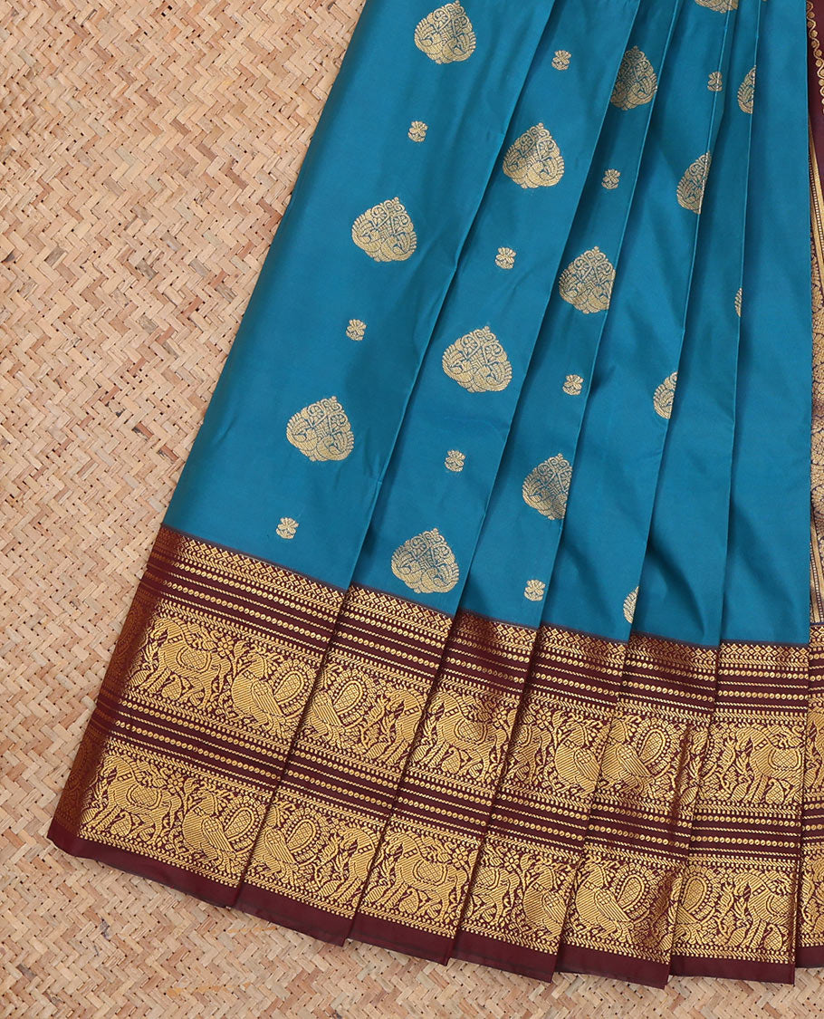 Blue Budget Silk Saree, Spotlighted with Zari Buttas, Complemented by Contrast Traditional Zari Border, a Grand Pallu and a Contrast Blouse