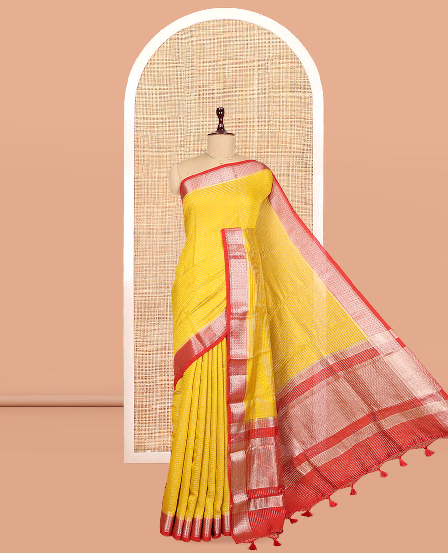 Yellow Assam Silk Saree, Subtly Sparkled with Zari Stripes, Complemented by Contrast Jaal Zari Design Border, Zari Woven Pallu, and Contrast Blouse
