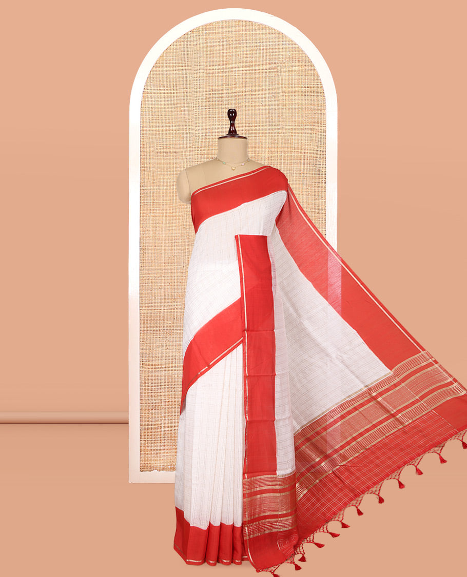White Assam Silk Saree, Decked Up with Zari Checks, Complemented by Contrast Zari Border, Zari Woven Pallu, and Contrast Blouse