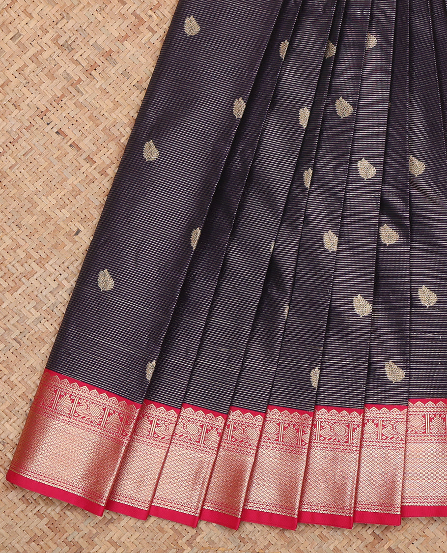 Black Budget Silk Saree, Bedecked with Zari Buttas and Stripes, Complemented by a Contrast Traditional Zari Border, Grand Jaal Pallu, and Contrast Blouse