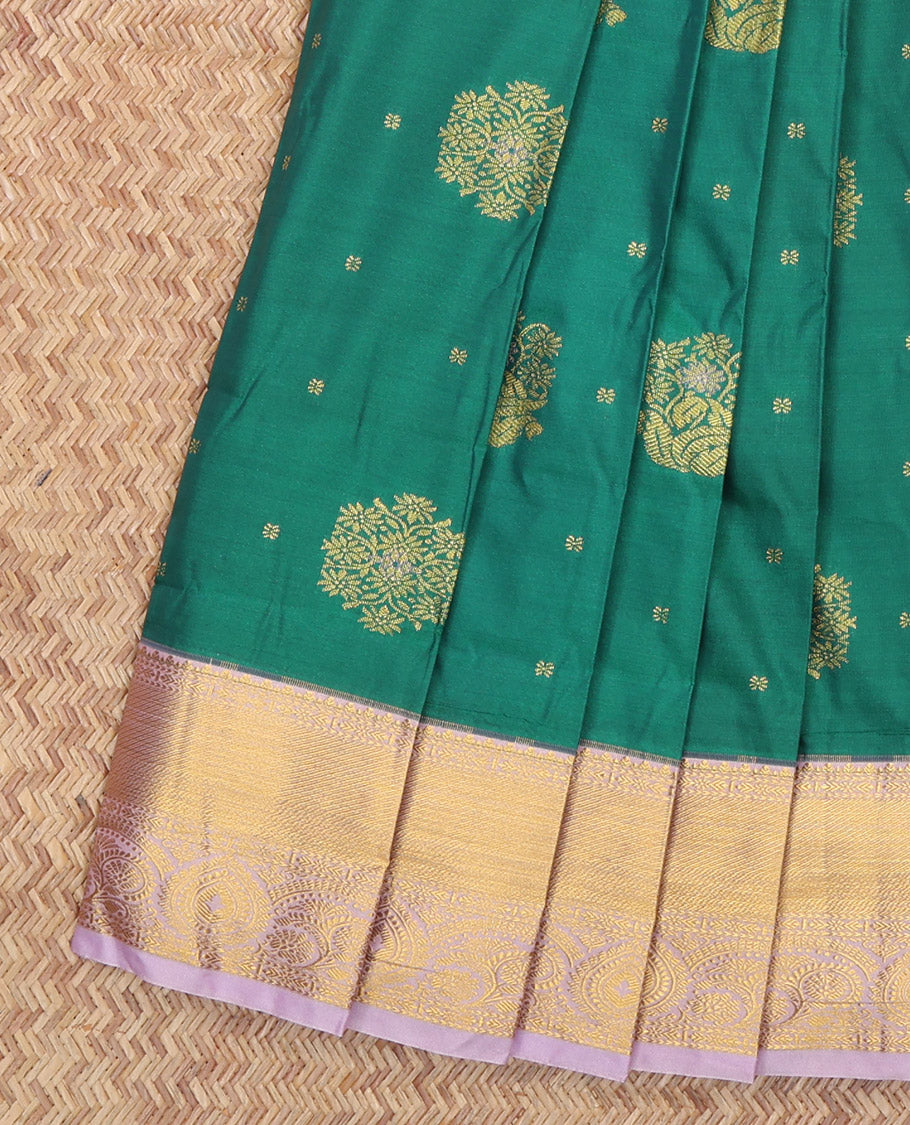 Green Budget Silk Saree, Embellished with Zari Buttas, Complemented by a Contrast Traditional Zari Border, Grand Jaal Pallu, and Contrast Blouse