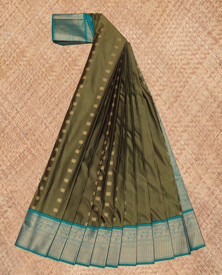 Green Budget Silk Saree, Bedecked with Zari Buttas, a Contrast Traditional Zari Border, Intricate Pallu, and a Contrast Blouse